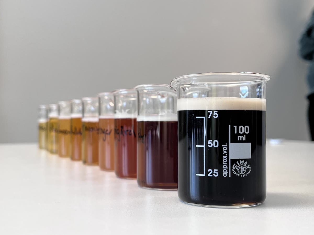 A row of beer samples of different colors in lab cuvettes